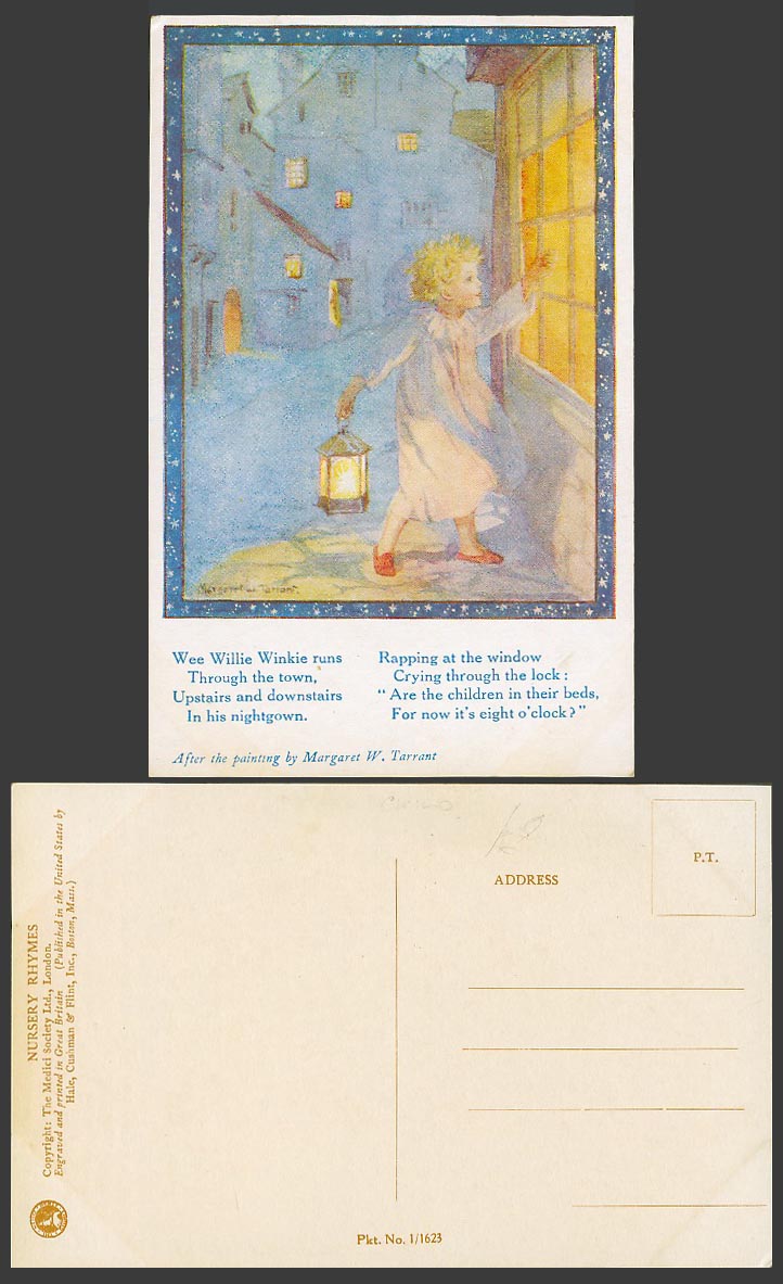 Margaret W. Tarrant Old Postcard Wee Willie Winkie, Nightgown, Lantern 8 O'clock