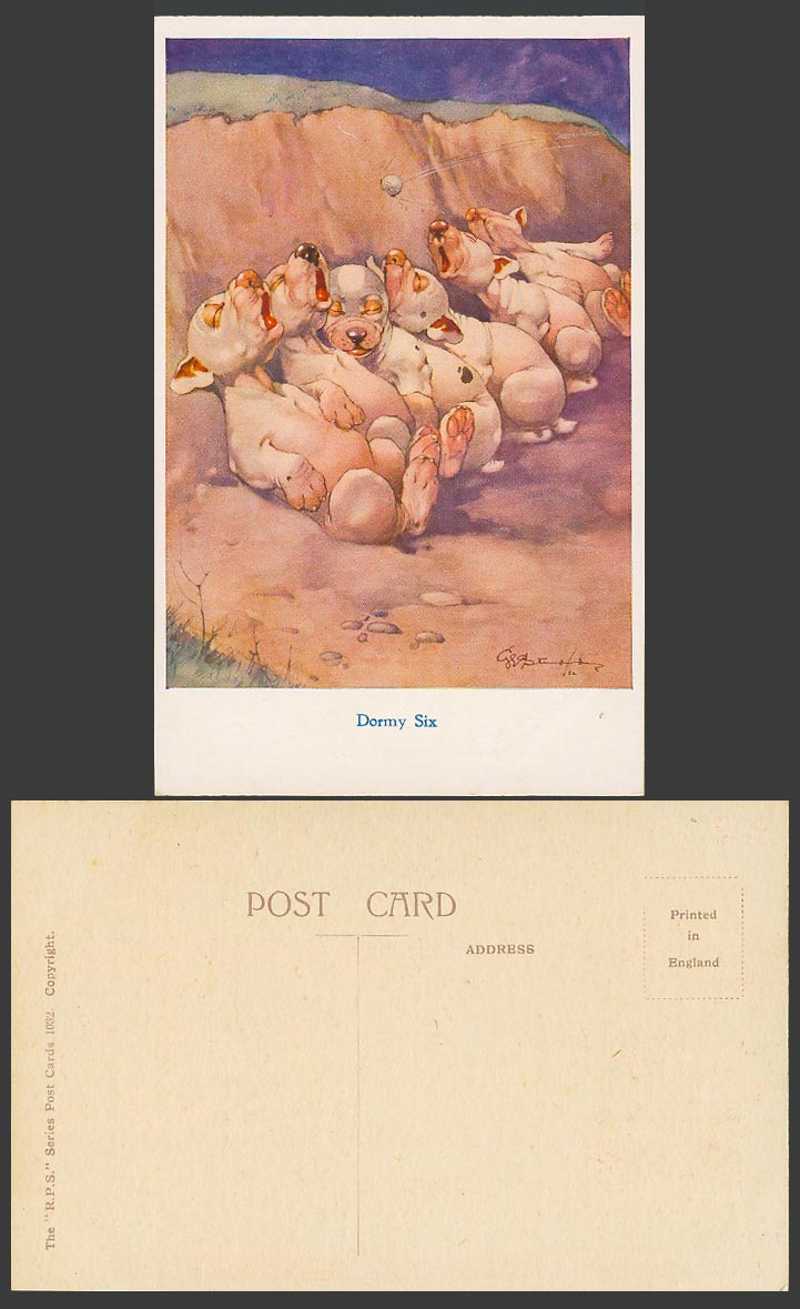 BONZO DOG G.E. Studdy Old Postcard DORMY SIX GOLF BALL Golfing Dogs Puppies 1032