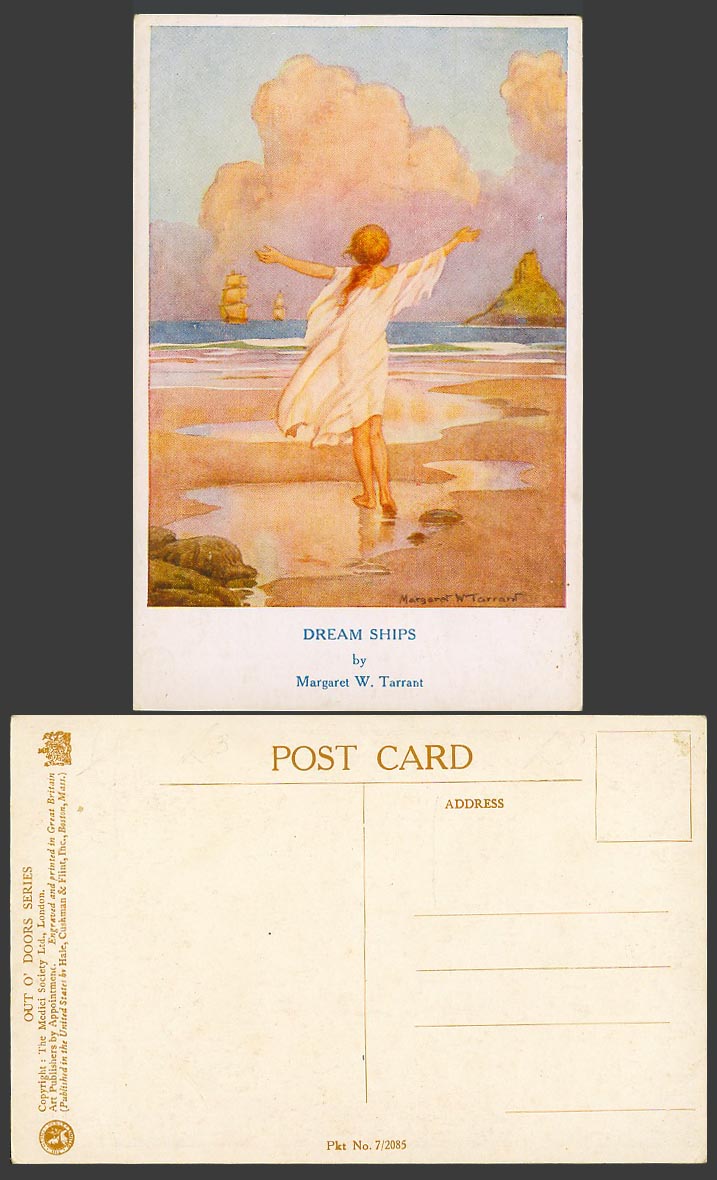 Margaret W. Tarrant Old Postcard Dream Ships, Sailing Boats Little Girl on Beach