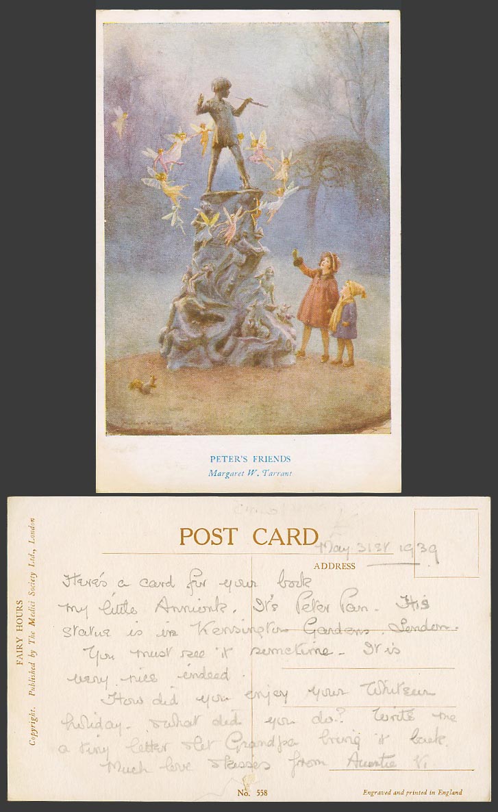 Margaret W Tarrant 1939 Old Postcard Peter's Friends Fairies Peter Pan in London