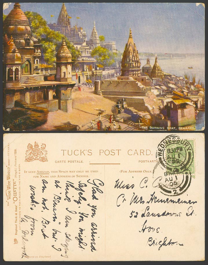 India 1905 Old Tuck's Oilette Postcard Burning Ghat Benares, River Bridge Temple