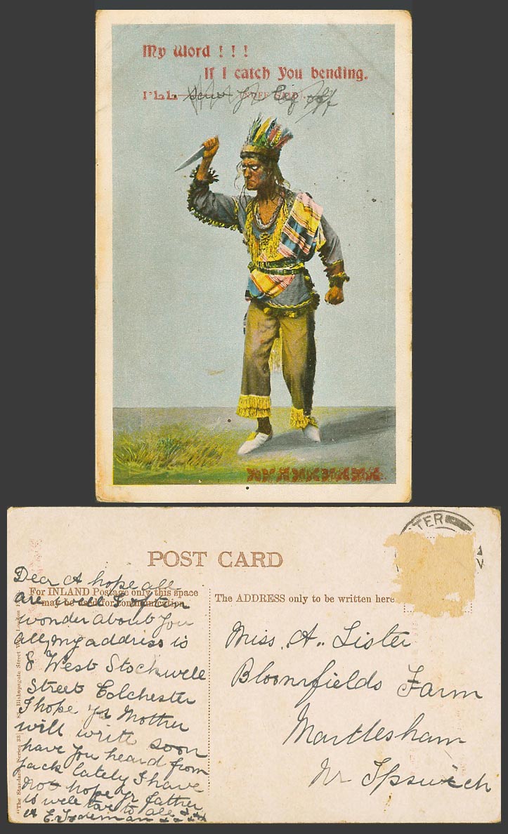 Native American Red Indian Man with Knife If I Catch You Bending, I Old Postcard