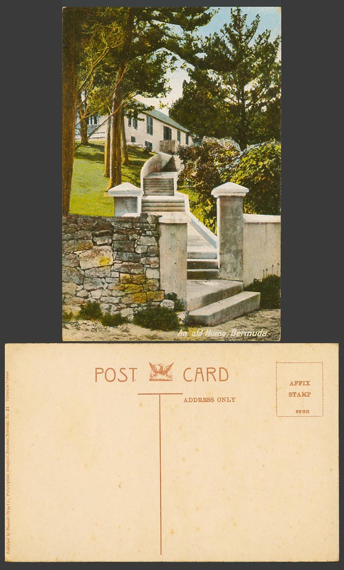 Bermuda Old Colour Postcard Steps to An Old Home, Phoenix Drug Co. Druggists 21