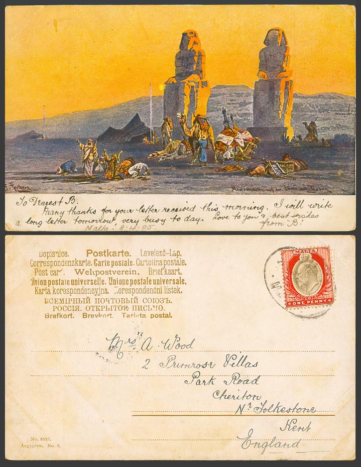 Egypt F. Perlberg Malta KE7 1d 1905 Old Postcard COLOSSI of MEMNON Thebes Prayer
