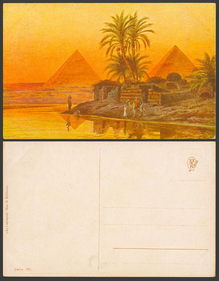 Egypt F. Perlberg ART Old Postcard Pyramids Camel Palm Trees Women Drawing Water