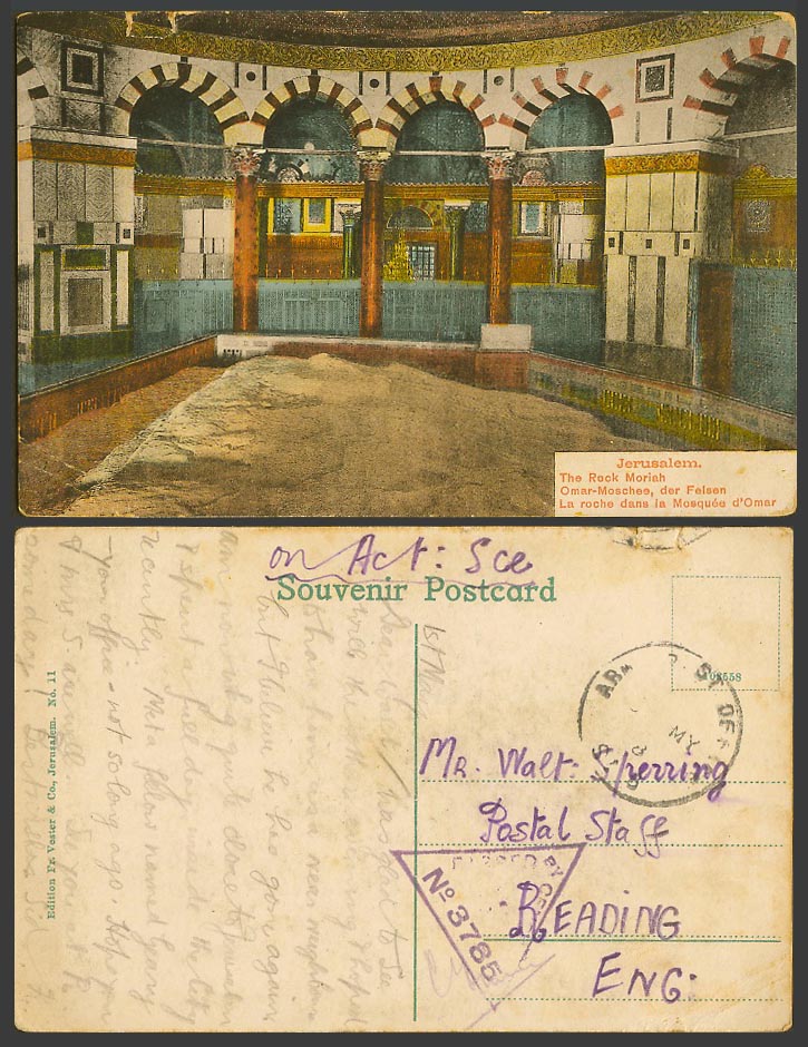 Palestine WW1 Censor OAC 1918 Old Postcard Jerusalem Mosque of Omar Rock Moriah