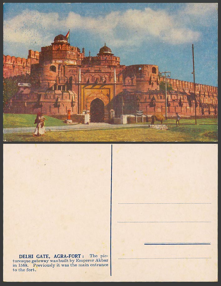 India Old Colour Postcard Red Fort Delhi Gate Agra - Built by Emperor Akbar 1568
