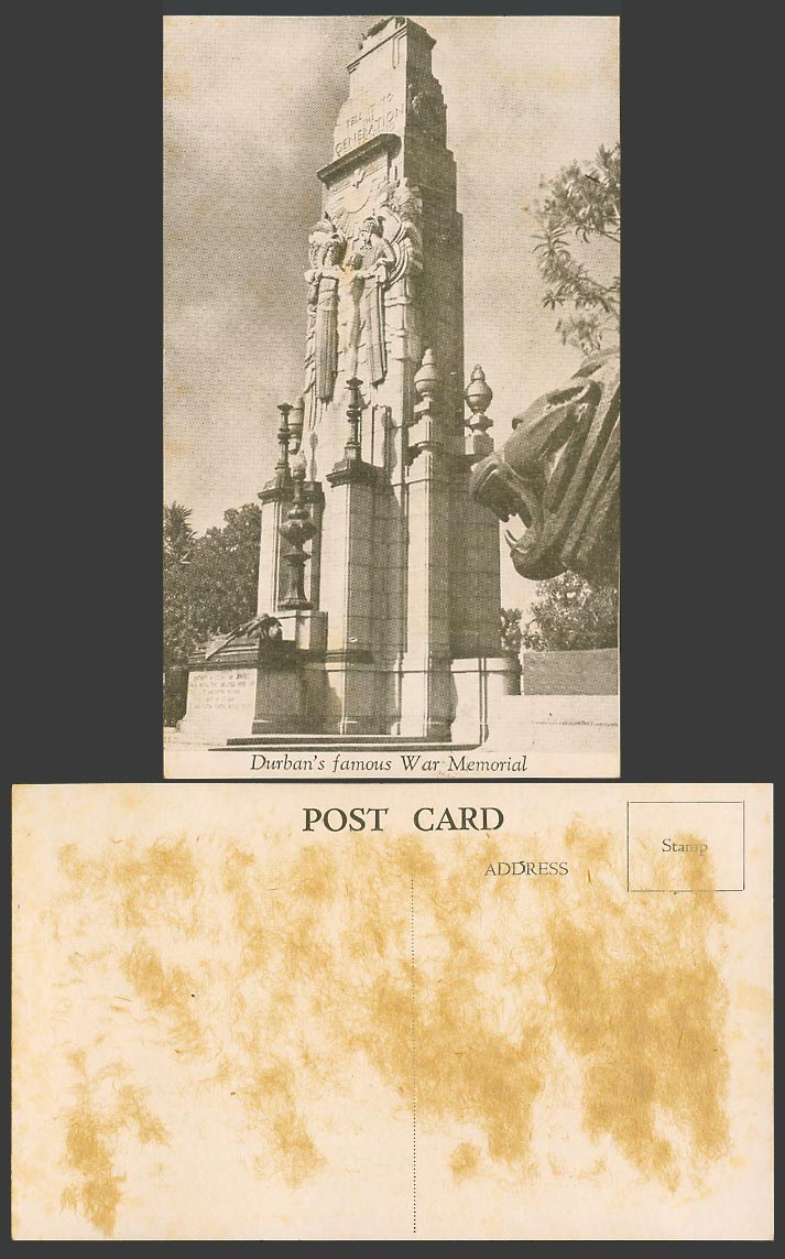 South Africa Old Postcard Durban Durban's Famous War Memorial Monument Lion Head