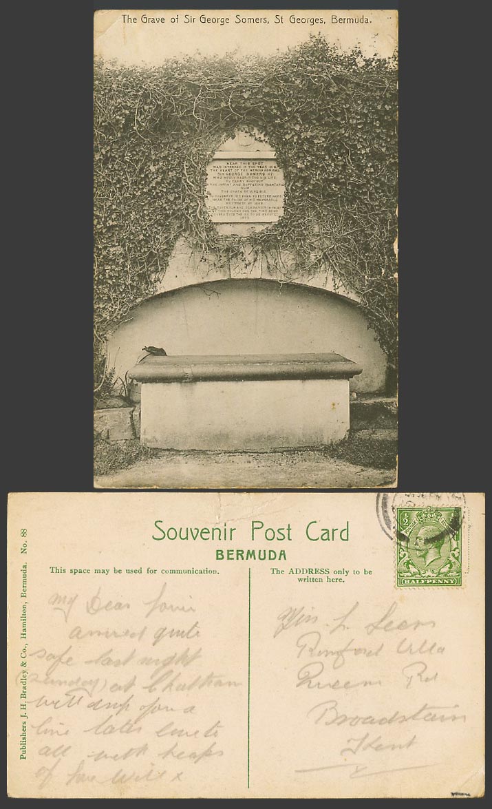 Bermuda GB KG5 1/2d 1917 Old Postcard Grave of Sir George Somers, St. Georges 88