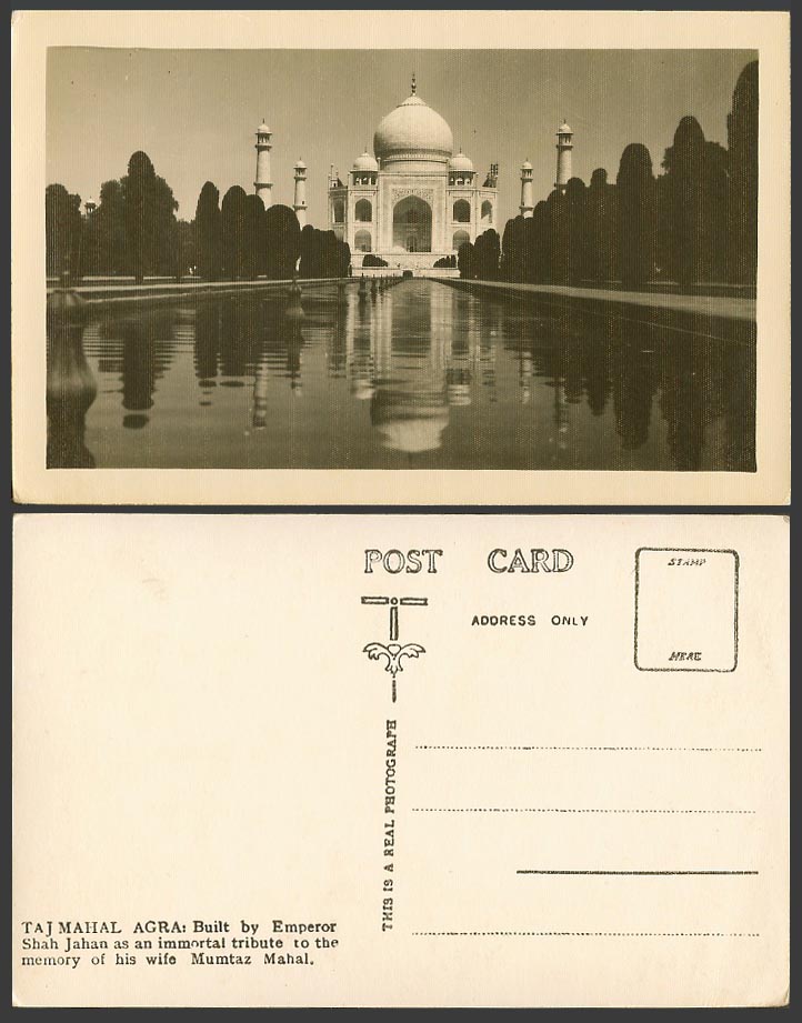 India Old Real Photo Postcard TAJ MAHAL Agra, Shah Jahan, Reflection in Fountain