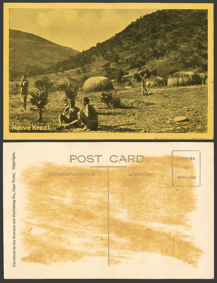 South Africa Old Postcard Native Kraal, Village Houses Huts, Men Hills Mountains