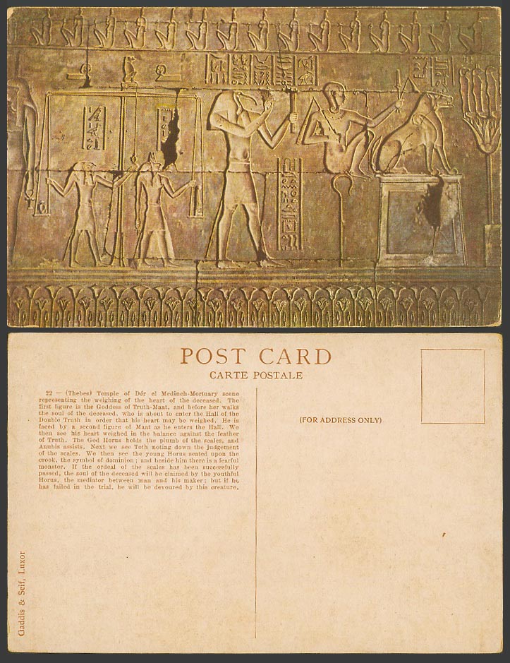 Egypt Old Postcard Thebes, Temple of Der el Medineh-Mortuary, Truth-Maat Goddess