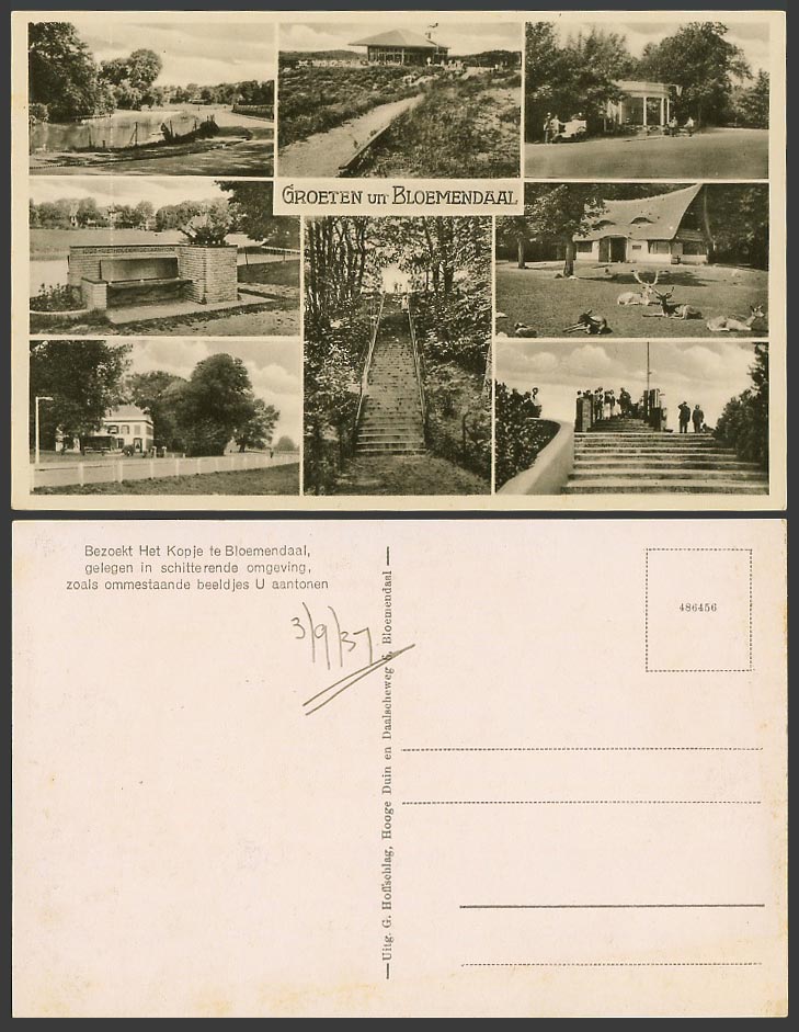 Netherlands 1937 Old Multiview Postcard Groeten un Bloemendaal, Steps, Deer Stag