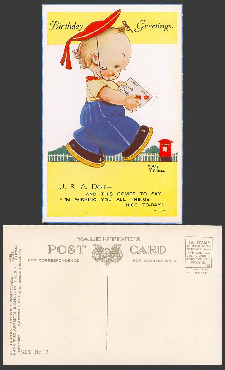 MABEL LUCIE ATTWELL Old Postcard Birthday Greetings Postbox U.R.A. Dear Set No.7