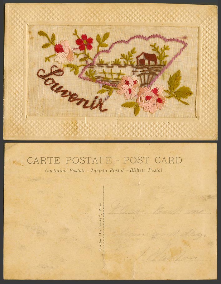 WW1 SILK Embroidered Old Postcard Souvenir, Cottage House Fan Flowers, La Pensee