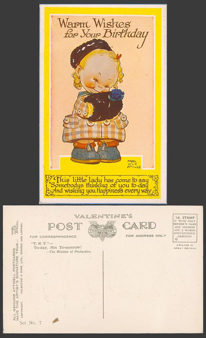 MABEL LUCIE ATTWELL Old Postcard W Birthday Wishes Happiness Every Way Set No. 7