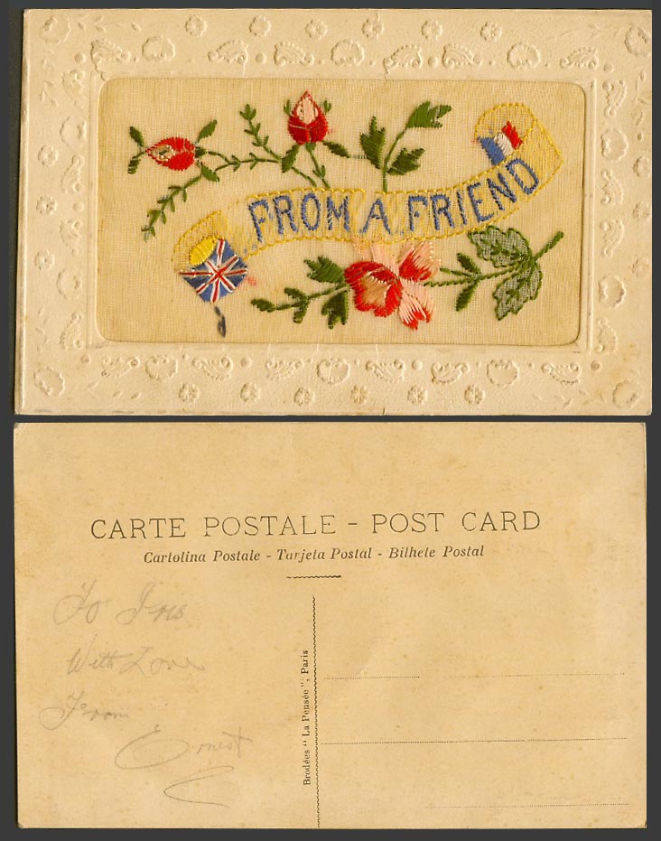 WW1 SILK Embroidered Old Postcard From A Friend British & French Flags La Pensee