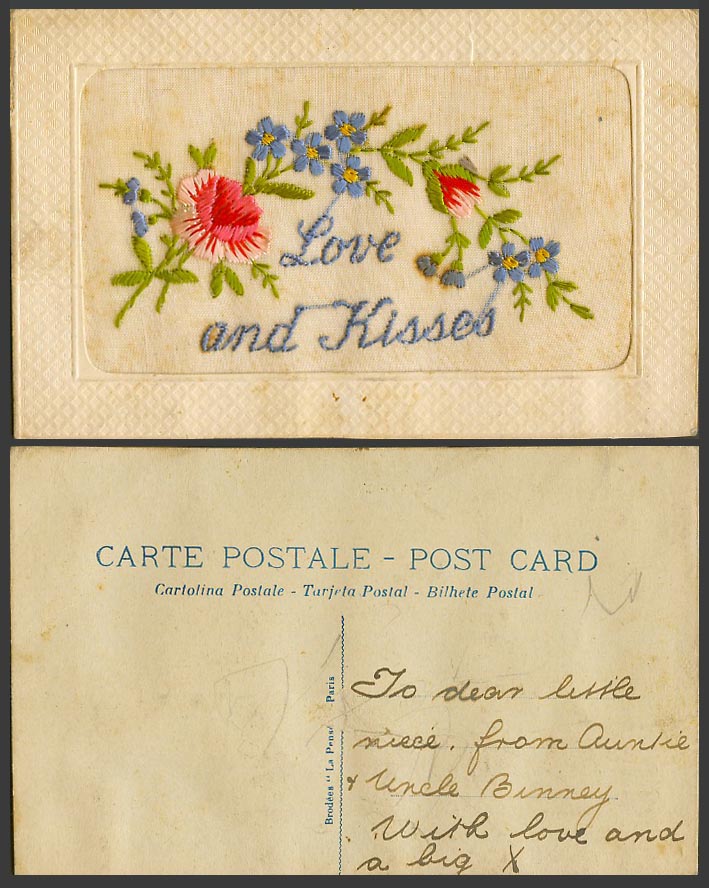 WW1 SILK Embroidered Old Postcard Love and Kisses Flowers La Pansee Paris French