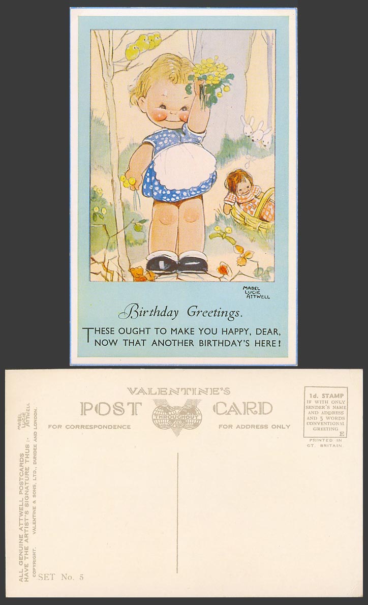 MABEL LUCIE ATTWELL Old Postcard Birthday Greetings, Yellow Birds Doll Set No. 5