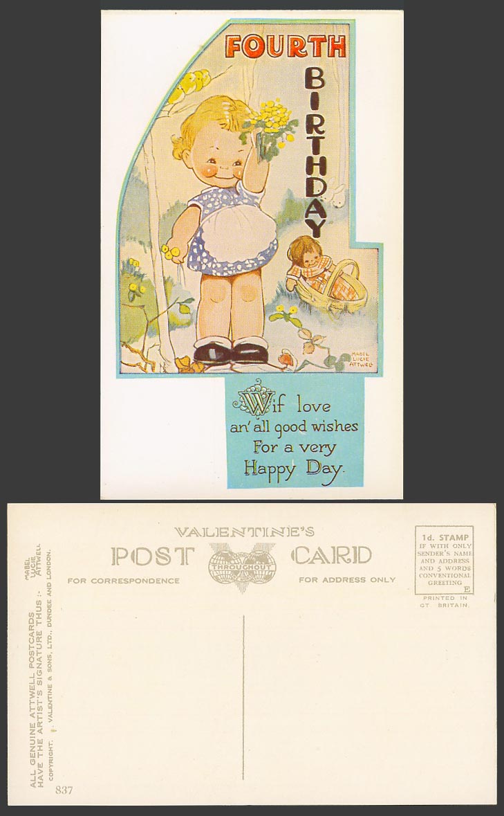 MABEL LUCIE ATTWELL Old Postcard 4th Fourth Birthday A Very Happy Day Wishes 837