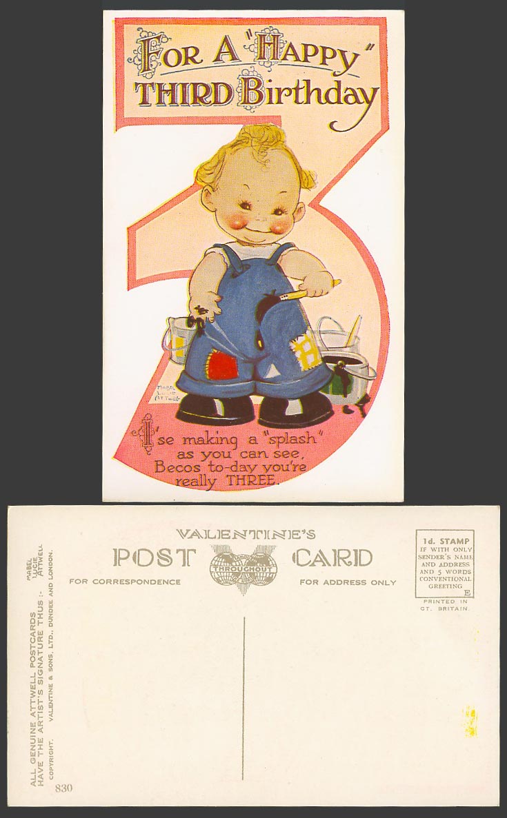 MABEL LUCIE ATTWELL Old Postcard Happy 3rd Third Birthday U Are Really Three 830