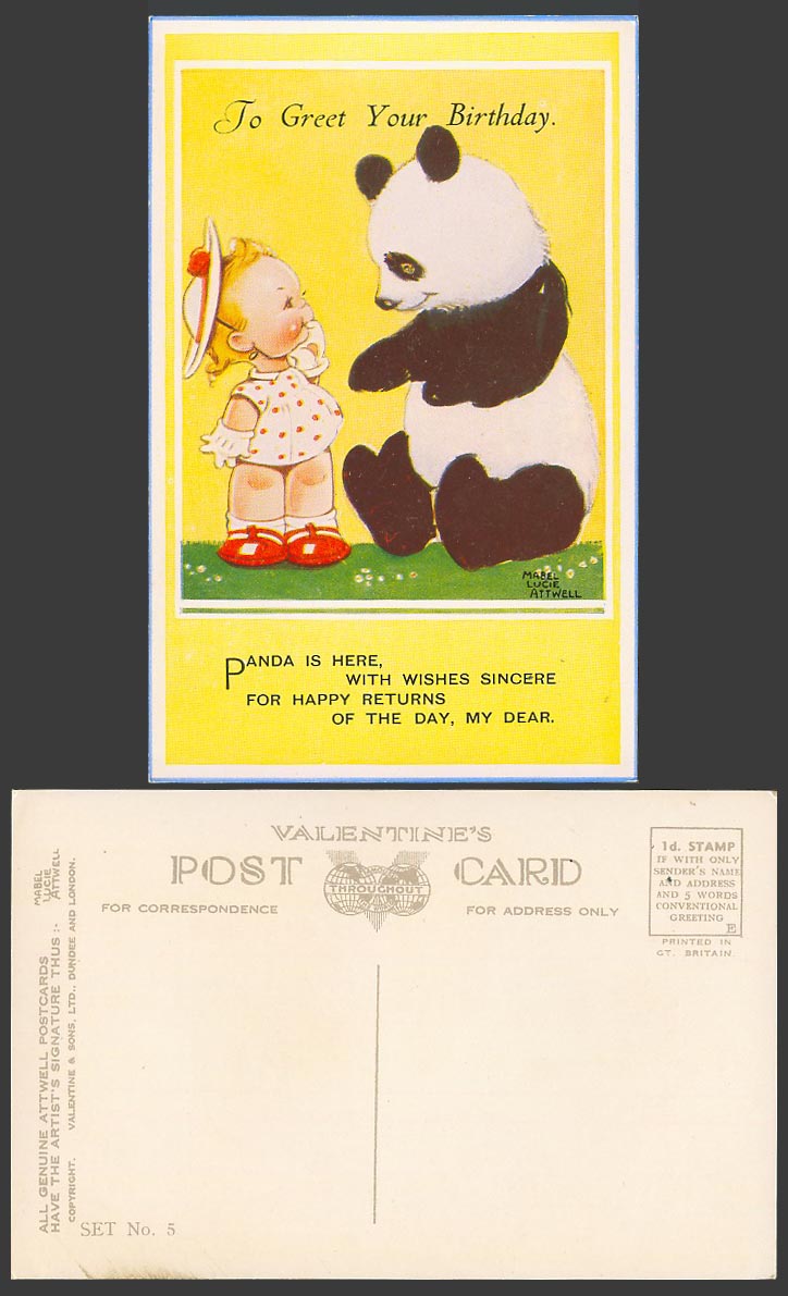 MABEL LUCIE ATTWELL Old Postcard China Chinese GIANT PANDA Ur Birthday Set No. 5