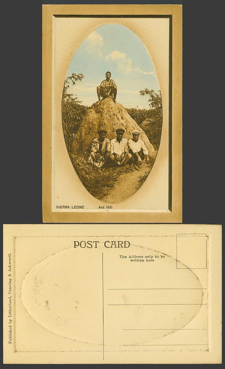 Sierra Leone Old Embossed Postcard ANT HILL, Anthill, Native Black Young Men Boy