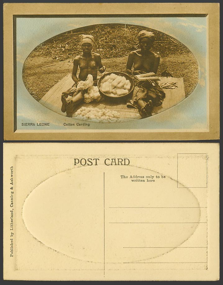 Sierra Leone Old Embossed Postcard Cotton Carding 2 Native African Women at Work