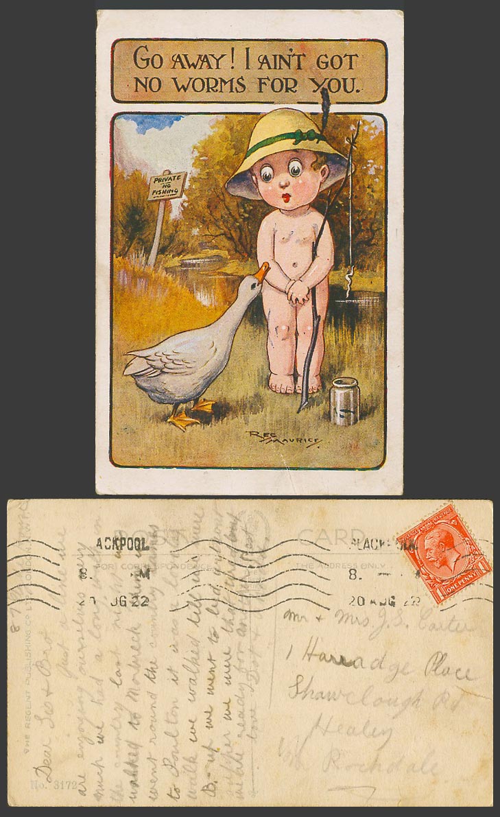 Reg Maurice 1922 Old Postcard Fishing Go Away Got No Worms for U Goose Duck Bird