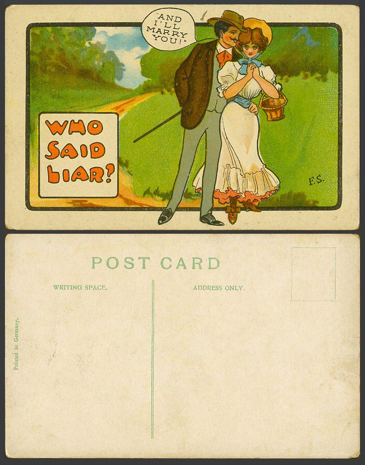 F.S. Artist Signed, Who Said Liar? And I'll Marry You! Comic Humour Old Postcard