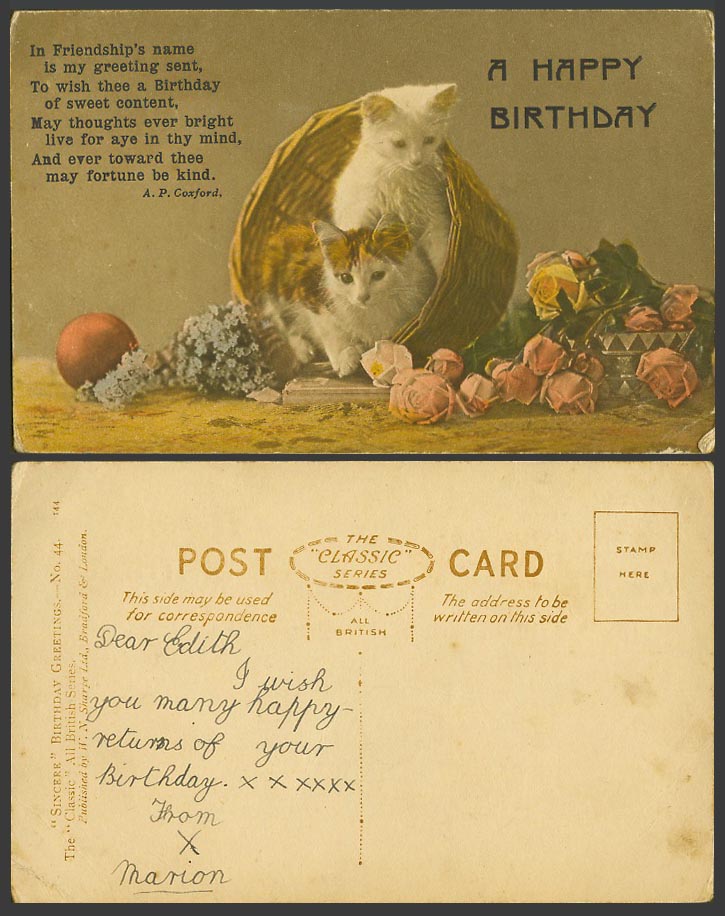 Cats Kittens A Happy Birthday, Roses Flowers Old Postcard Cat Kitten Pet Animals