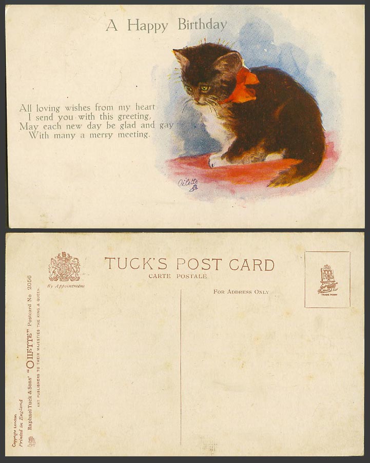 Cat Kitten A Happy Birthday Greetings Tuck's Oilette Pet Animal Old ART Postcard