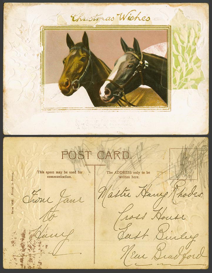 Horse Horses Animals - Christmas Wishes - Greetings Old Embossed Colour Postcard