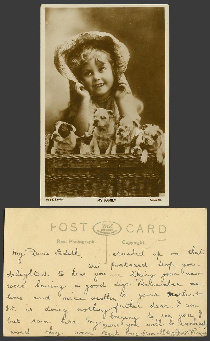 Bulldog Bull Dog Dogs Puppies and Girl Smiling My Family Old Real Photo Postcard