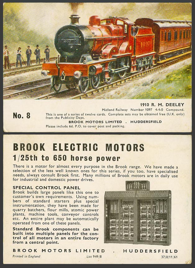 1910 R.M. Deeley Midland Railway Locomotive Train, F. Pash Old Card Brook Motors