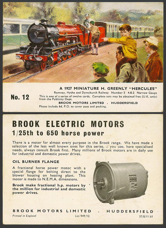 1927 Miniature H. Greenly Hercules Locomotive Train Old Card Brook Motors F Pash