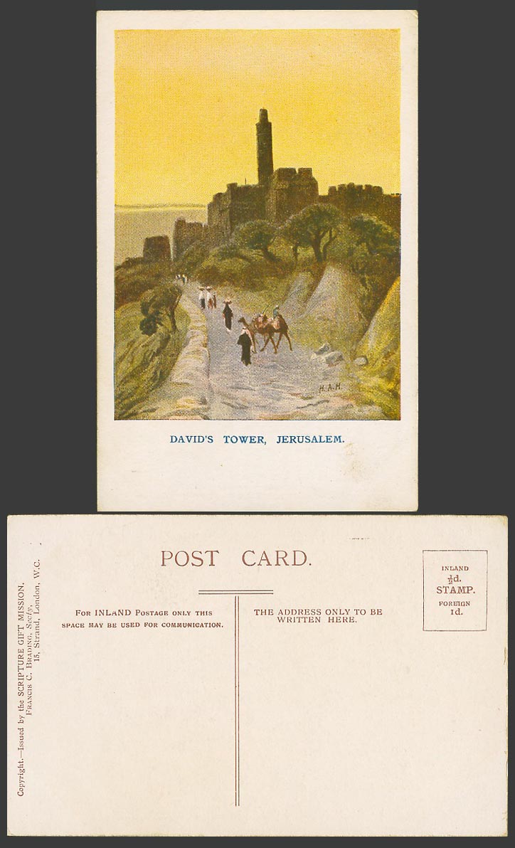 Palestine Art Old Postcard Jerusalem David's Tower, Camels, H.A.H. Artist Signed