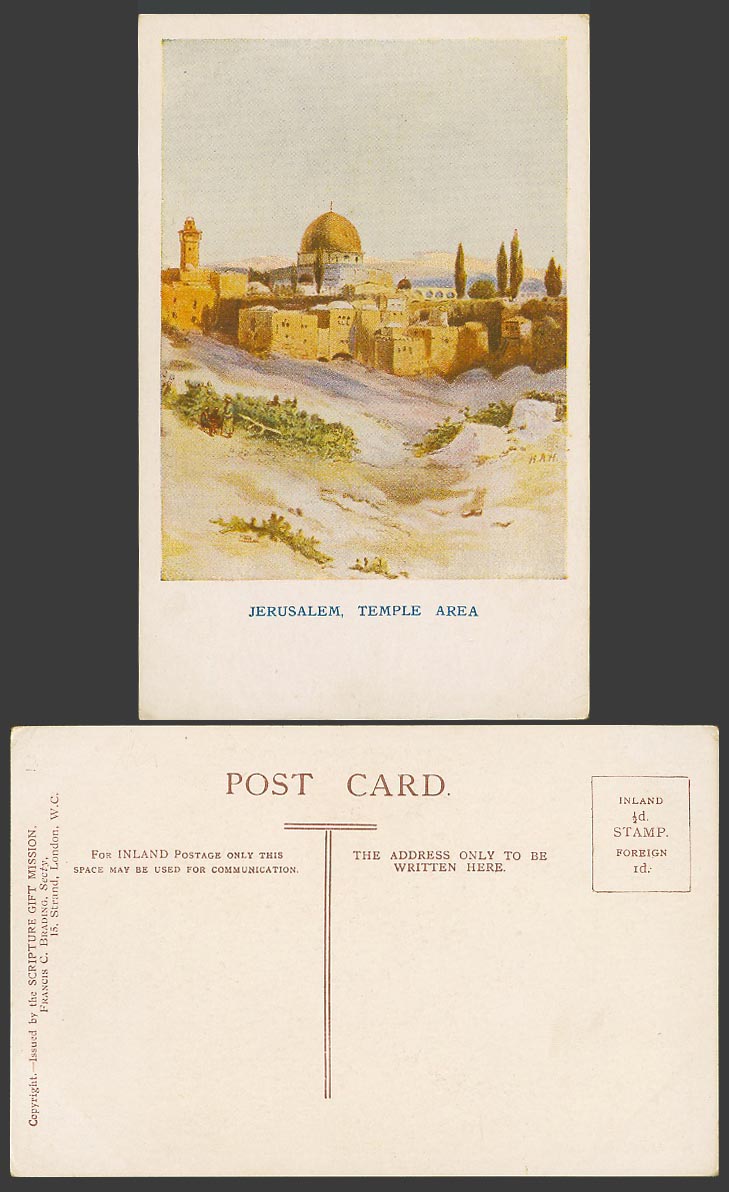 Palestine Art Old Postcard Jerusalem Temple Area, H.A.H., Scripture Gift Mission