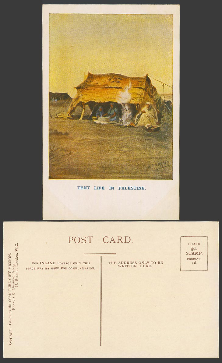H.A. Harper Artist Signed Old Postcard Tent Life in Palestine Camp Man and Woman