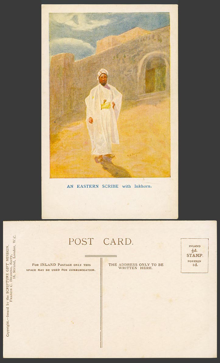 H.A. Harper Artist Signed Old Postcard An Eastern Scribe with Inkhorn, Palestine