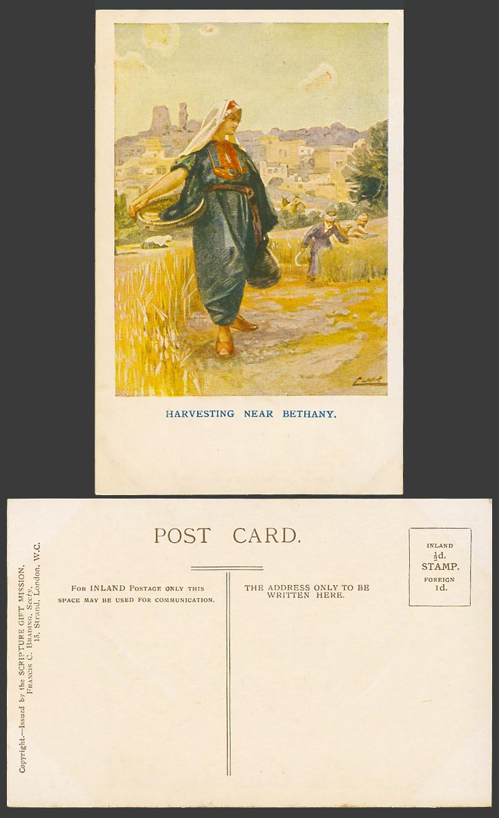 Palestine Old Postcard Native Farmer Harvesting near Bethany Clark Artist Signed