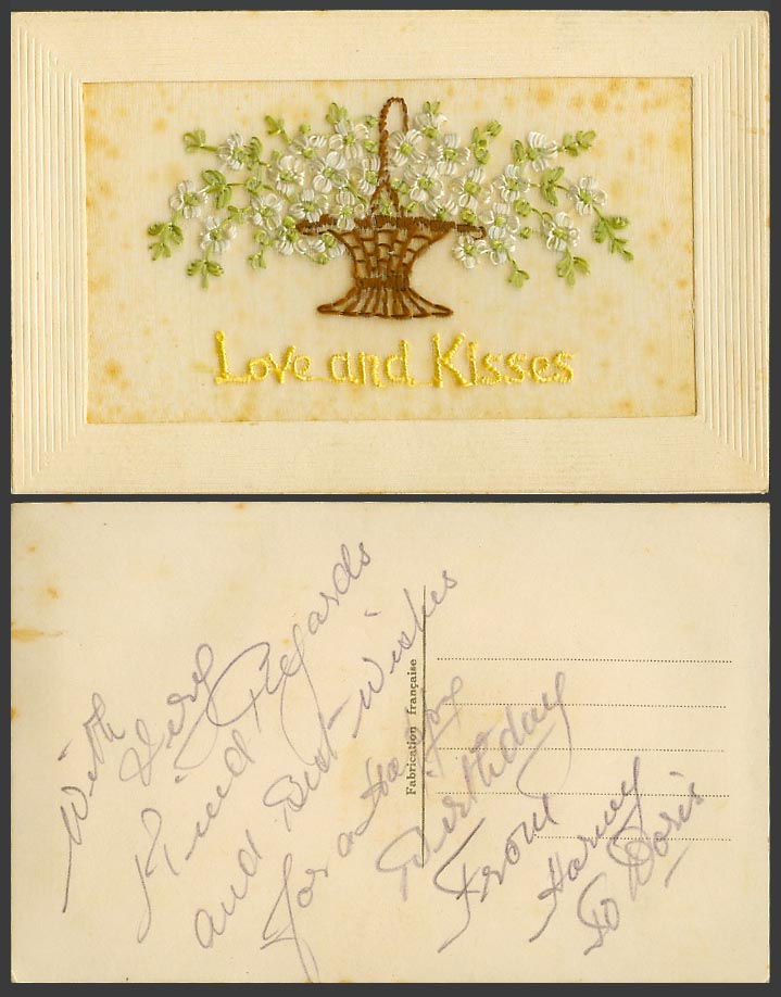 WW1 SILK Embroidered Old Postcard Love and Kisses, Flowers Flower Basket Novelty