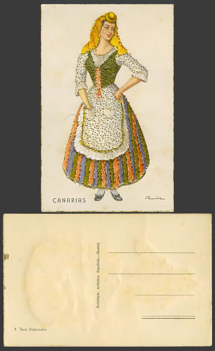 Spain Silk Embroidered Old Postcard Canarias Costumes Spanish Lady Artist Signed