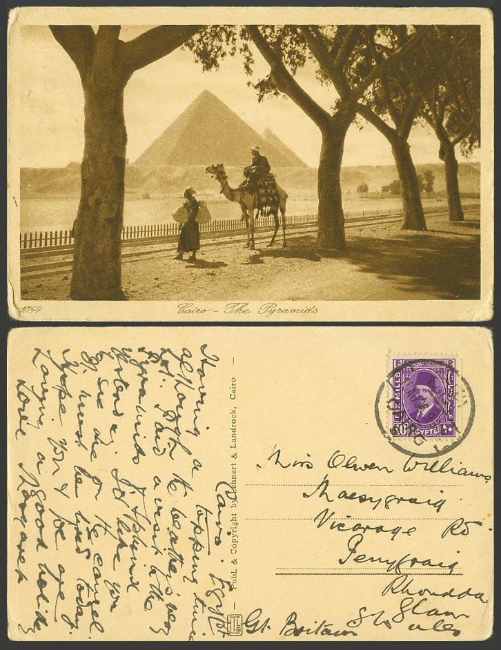Egypt 10m 1935 Old Postcard Cairo The Pyramids Camel Rider Railroad Men Pitchers