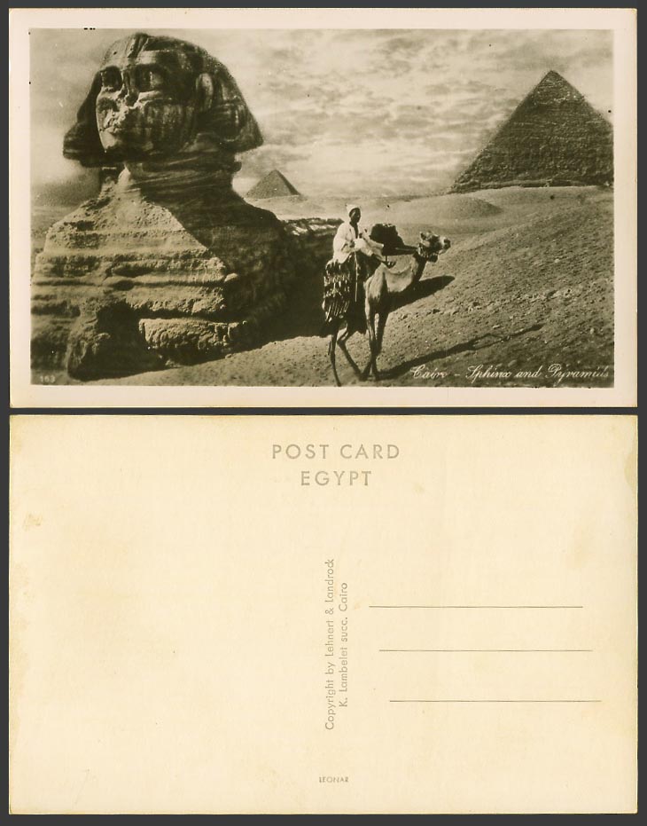 Egypt Old Real Photo Postcard Cairo Sphinx and Pyramids Camel Rider Desert Dunes