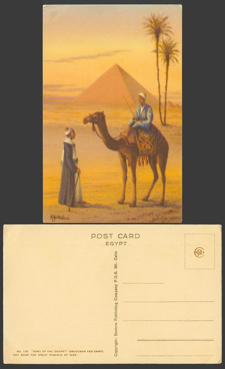Egypt A Bishai Old Postcard Sons of Desert Dragoman Pyramid GIZA Camel Boy Rider