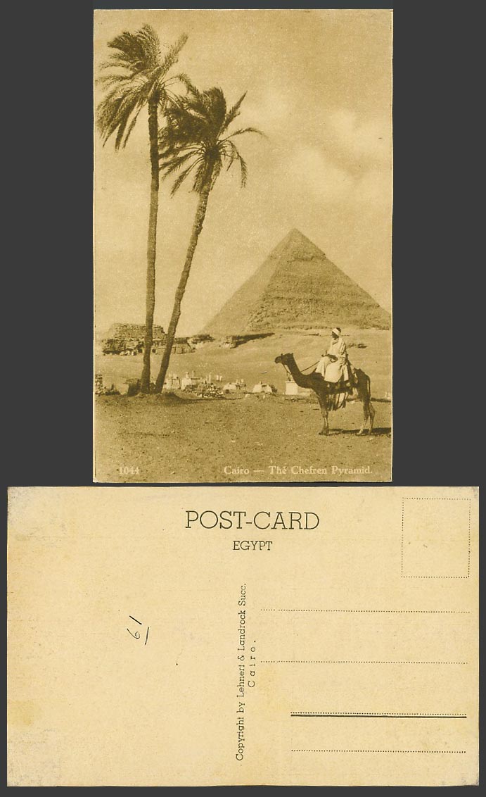 Egypt Old Postcard Caire Cairo Great Pyramid Chefren Camel Rider Palm Trees 1044