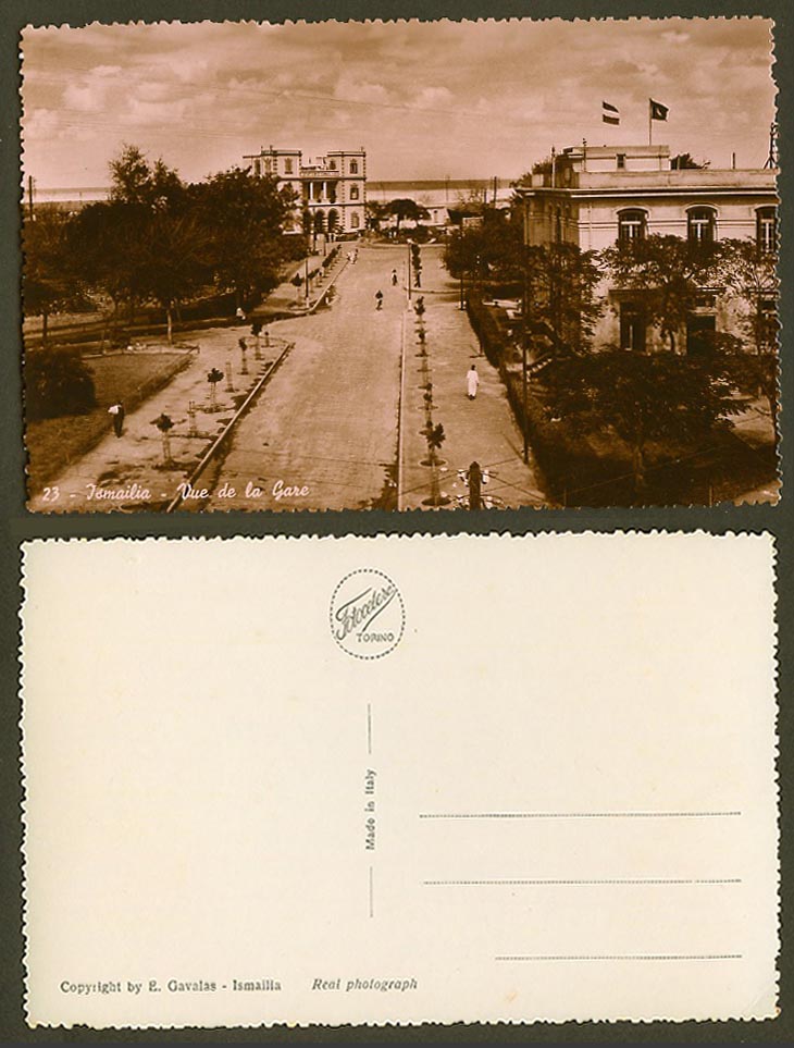 Egypt Old Real Photo Postcard Ismailia Vue de la Gare Railway Station Street 23.