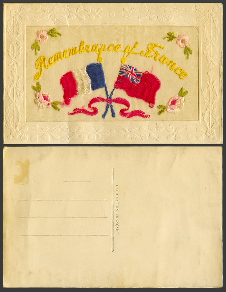 WW1 SILK Embroidered Old Postcard Remembrance of France French etc Flags Flowers