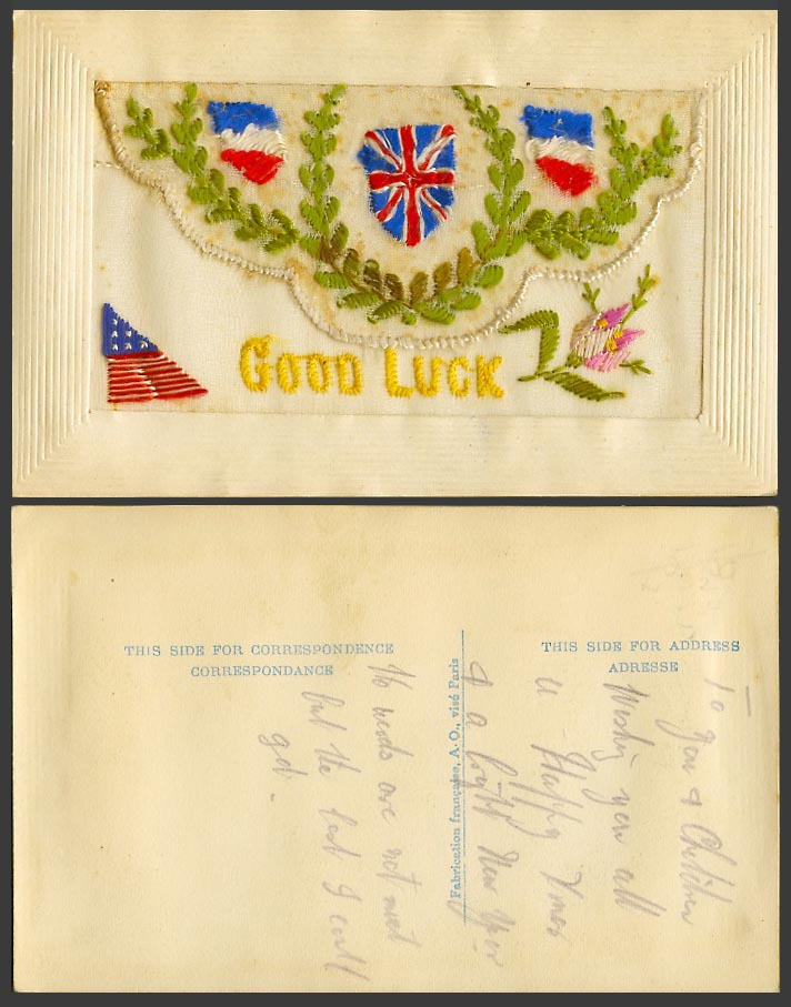 WW1 SILK Embroidered Old Postcard Good Luck French British US Flags Empty Wallet